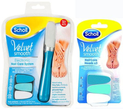 New Scholl Velvet Smooth Electronic Nail Care System Duo Kit+3 Replacement Heads