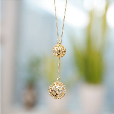 Women's Gold Plated Exqusite Hollow Double Balls Pendant Long Chain Necklace