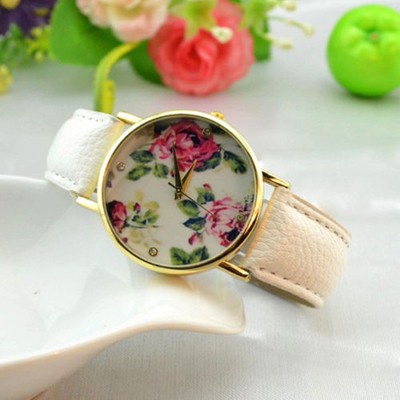 New Fashion Leather Rose Flower Watch For Women Dress Quartz Watches