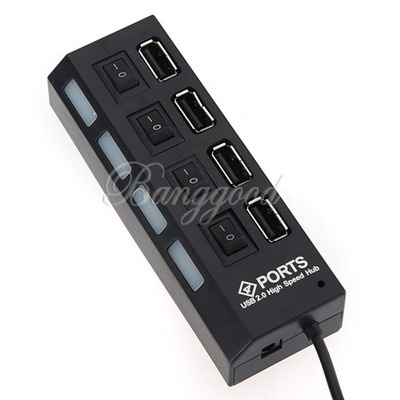 New Black 4 Port USB 2.0 Hub High Speed 480 Mbps Power On/Off Button Switch Led