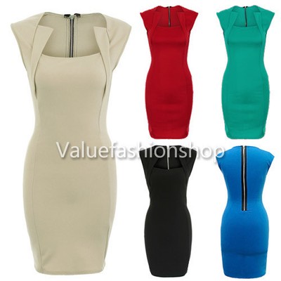 Womens Vintage Square neck Bodycon Stretch Fitted Shift Party Pencil Mini Dress