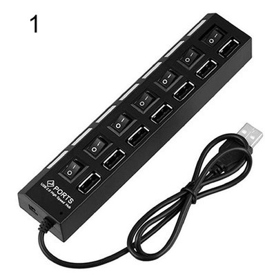 Black 7-Port USB 2.0 Hub with High Speed Adapter ON/OFF Switch for Laptop PC