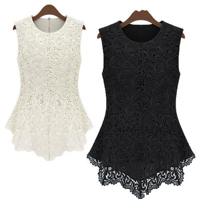 2013 Hot Sale Women's Sleeveless Crew Collar Lace Peplum Blouse Top Vest Shirts