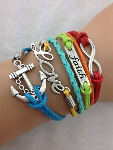 NEW Infinity Faith Love Anchor Leather Charm Bracelet plated Silver DIY