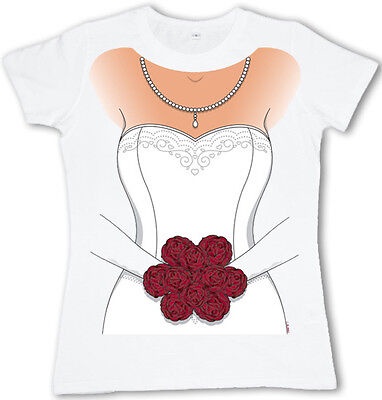 Ladies white wedding dress bride flowers costume gift tee shirt womens t-shirt