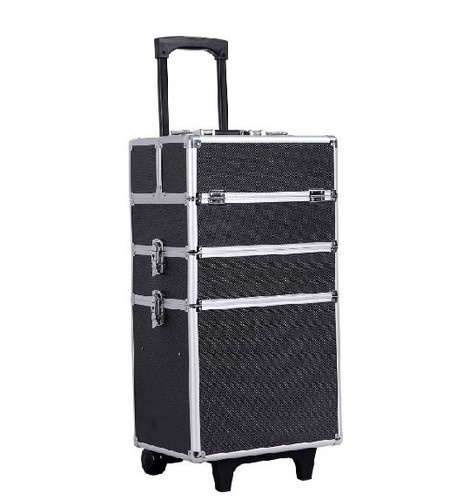 Rolling Makeup Train Case Cosmetic Trolley Box with Lift Handle and Lock ^
