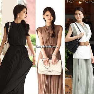 Women Princess Chiffon Round Neck Boho Pleated Sleeveless Maxi Long Dress ESY1