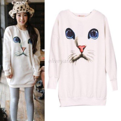 Cute Womens Eyes Cats Face Print Pullover Sweatshirt Jumper Sweater Long Tops