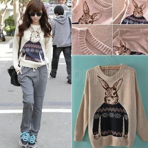 Korean Women Rabbit Print Knitted Sweater Jumper Tops Pullover Cardigan Knitwear