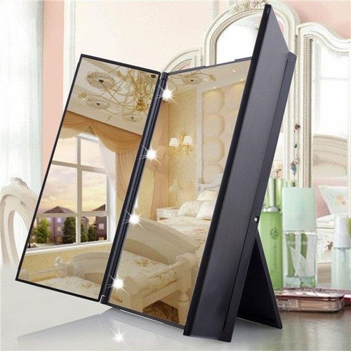 LuckyFine Tri-Fold LED Lighted Mirrors Makeup Wide View Portable Travel Pocket C