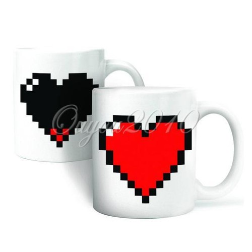 Magic Pixel Heart Coffee Milk Hot Cold Heat Sensitive Color-Changing Mug Cup new