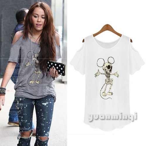 Fashion Women Off Shoulder Crew Neck Skull Mickey Mouse Print Casual Top T-Shirt
