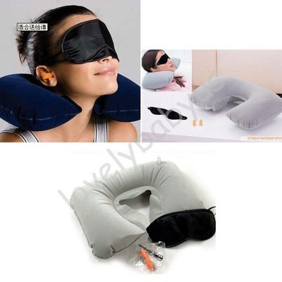 Inflatable Handy Travel Flight Pillow Neck U Rest Air Cushion+ Eye Mask+Earbuds