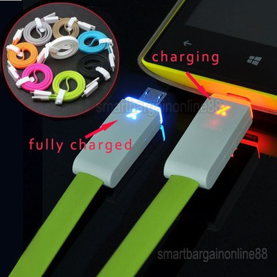 LED Light Up Micro Charger USB Data Cable Flat Cord For HTC Samsung S3 S4 Note 2