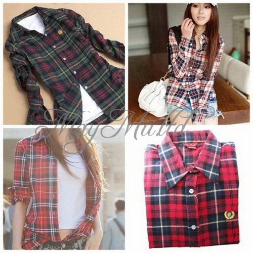Women Button Down Lapel Casual Shirt Plaids Checks Flannel Cotton Tops Blouse