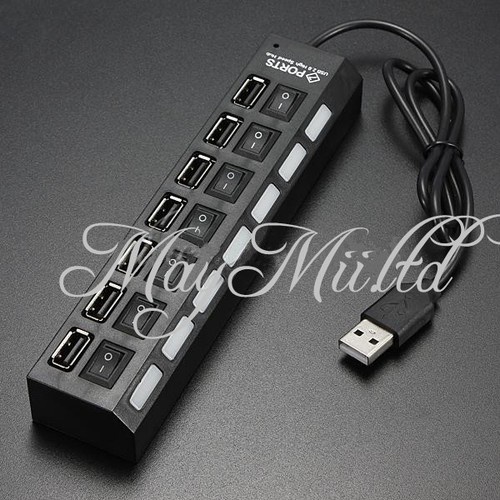 Black 7 Ports USB 2.0 Powered Hub High Speed ON/OFF Sharing Switch PC Laptop Y
