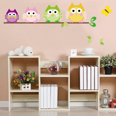 Four Owl Butterfly Tree Removable Vinyl Decal Home Decor Kid Room Wall Stickers