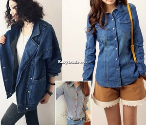 Women Lady Retro Long Sleeve Blue Jean Denim Shirt Tops Blouse Coat Jacket ESY1