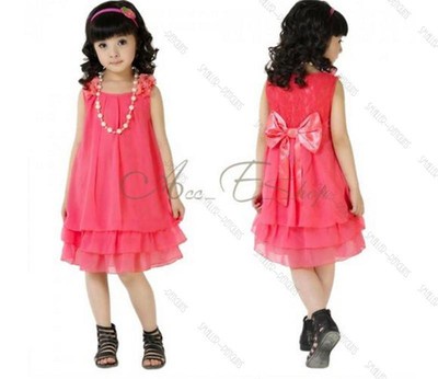 Girls Chiffon Red/Pink Party Pageant Dress Bowknot Lace Tutu + Pearl Necklace