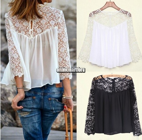 Women's Semi Sheer Sleeve Embroidery Floral Lace Crochet T-Shirt Top Blouse New