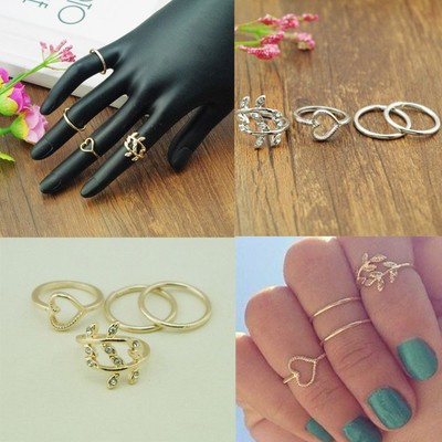 4PCS/Set Cute Urban Crystal Plain Above Knuckle Ring Band Midi Ring Gold/Silver