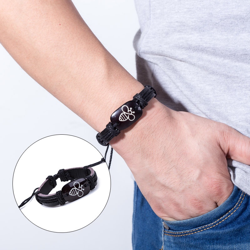 Bee Pattern Leather Bracelet Weave Wristband Braided Rope Women Men Unisex Black
