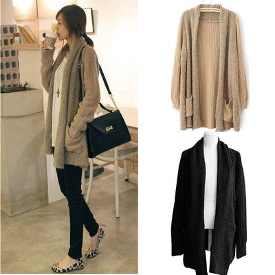 New Casual Women Loose Splice Knitted Long Sleeve Cardigan Sweaters Coat