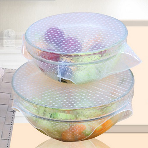 4pc Food Fresh Keeping Silicone Saran Wrap Reusable Wrap Seal Cover Kitchen Tool
