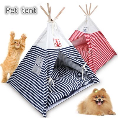 Pet Kennel Navy Striped Teepee Tent Cat Dog Bed Puppy Kitten Playing House Pad