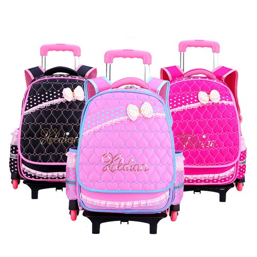 Kids Girls Three Wheeled Rolling School Bag Princess Book Bag Backpack Rucksack