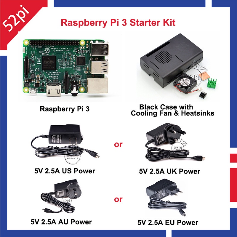 Raspberry Pi 3 Starter Kit With 5V 2.5A Power+Black Case+Cooling Fan+Heatsinks