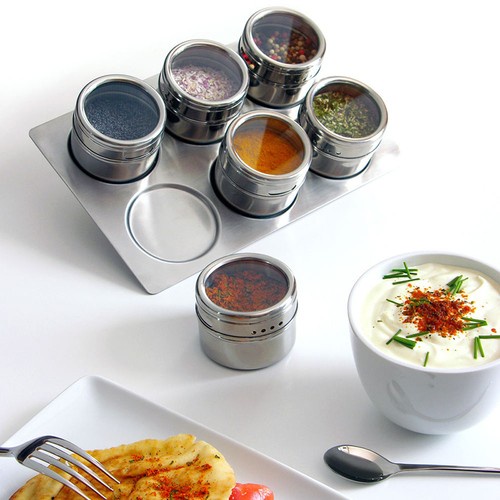 6pc Stainless Steel Magnetic Spice Storage Container Jar Tins With Rack Holder