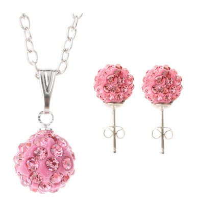 Cute Pink Silver Plated Crystal Rhinestone Balls Ear Stud Earrings Necklace Set