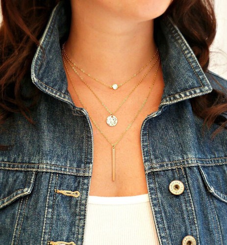 Women Chic Geometry Charms Crystal Diamante 3 Layers Gold Chain Fashion Necklace