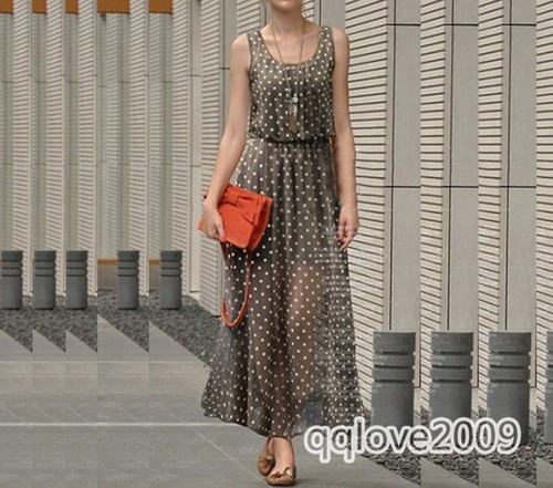 Summer women Chiffon Sleeveless Long Maxi Polka Dot Dress Plus Size dress qq