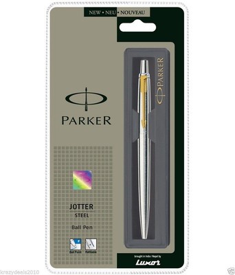 Parker Jotter SS Steel GT Ball Point Pen (Gold Trim) + Fine Quink Blue Ink + New