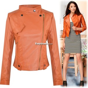 Women's Synthetic Leather Biker's Moto Jacket Orange Coat Slim Fit Hot Sale ESY1