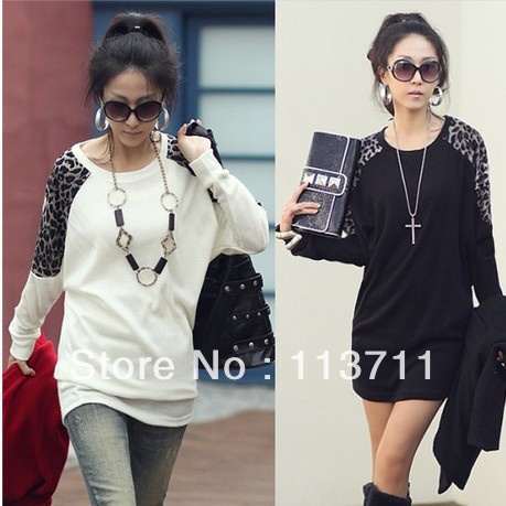 Fashion Cotton Leopard Grain Decoration Round Brought Long Sleeve T-shirt 3 colors 3008