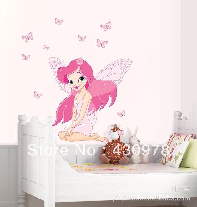 QZ501 Free Shipping 1 Pcs Pink  Fairy Wings Gorgeous Butterfly   Removable Wall Stickers Fancy Home Decoration