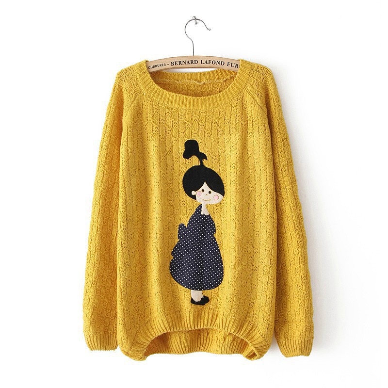 5 Colors!! NWE 2013 Autumn Women Fall Warm Sweater Fit Womens Cartoon Girl Cable Knit oversized Winter Pullovers Sweater