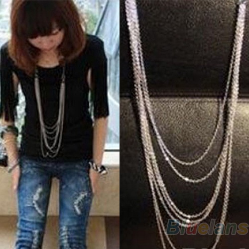 2014 Hot Selling Fashion New Vintage Style Multi-layer Women Silver Multi-Chain Tassel Necklace Long Chain 1OBG