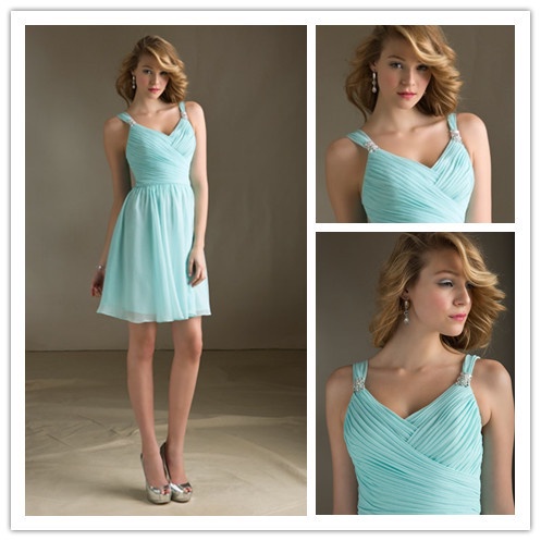 Elegant Short Light Blue Bridesmaid Dresses Turquoise V Neck Dress Party Gown 2014 New Arrival
