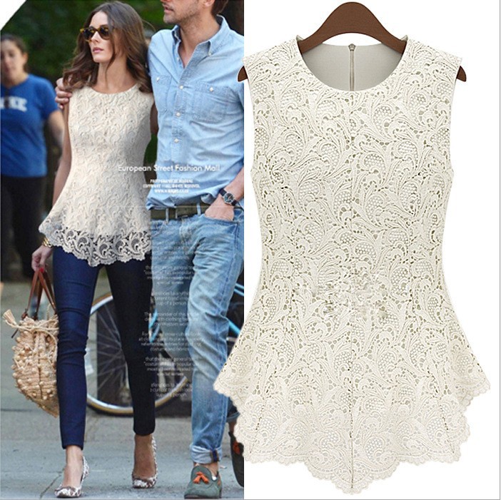 fashion women lace BlouseSleeveless European American Sexy white Lace Shirt women lace top,free shipping,plus size S-3XL,T0112