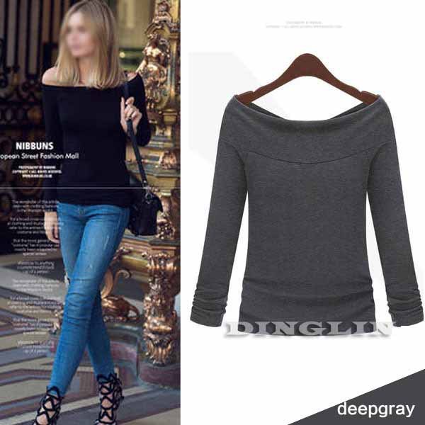 Spring Autumn Sexy Women Ladies Long Sleeve Boat Slash Neck Solid Casual Brief Slim Cotton Top Blouse Shirt Free Shipping 1281