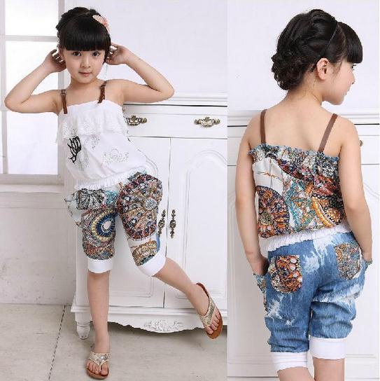 2014 New Summer children clothing set Spaghetti Strap t-shirt+harem pants girl clothing sets casual sport suits for kid