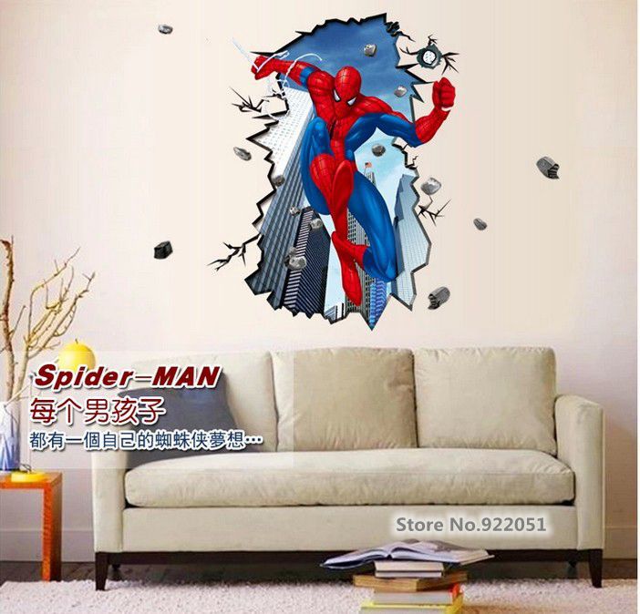 New & Hot ! Free shipping Giant Superman Spiderman 3D Wall Sticker For Kids Rooms Wall Adhesive home decor wall decals