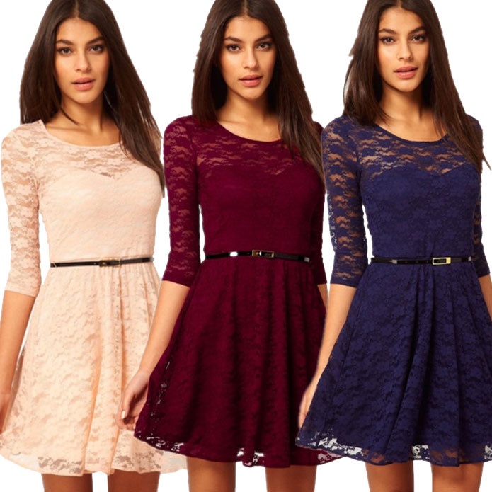 Free shipping, 2014 new arrive Sexy Spoon Neck 3/4 Sleeve Belt Include Lace colorful Sakter Dress, WD1077