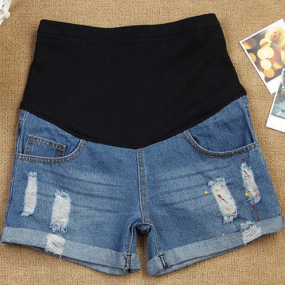 Maternity Shorts M-xxl Worn Out Holes Maternity Jeans Shorts for Pregnant Women Ink-painting Maternal Belly Denim free Shipping