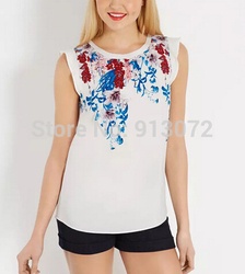 ST2221 New Fashion Ladies' elegant floral print white blouses O neck sleeveless T shirt casual slim brand designer tops