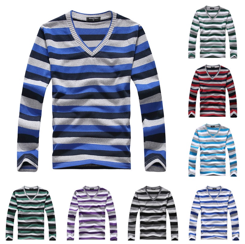 2014 fashion casual striped men's t-shirt autumn man T shirt 100% cotton V-neck long sleeves slim collar stripe t Shirt Men